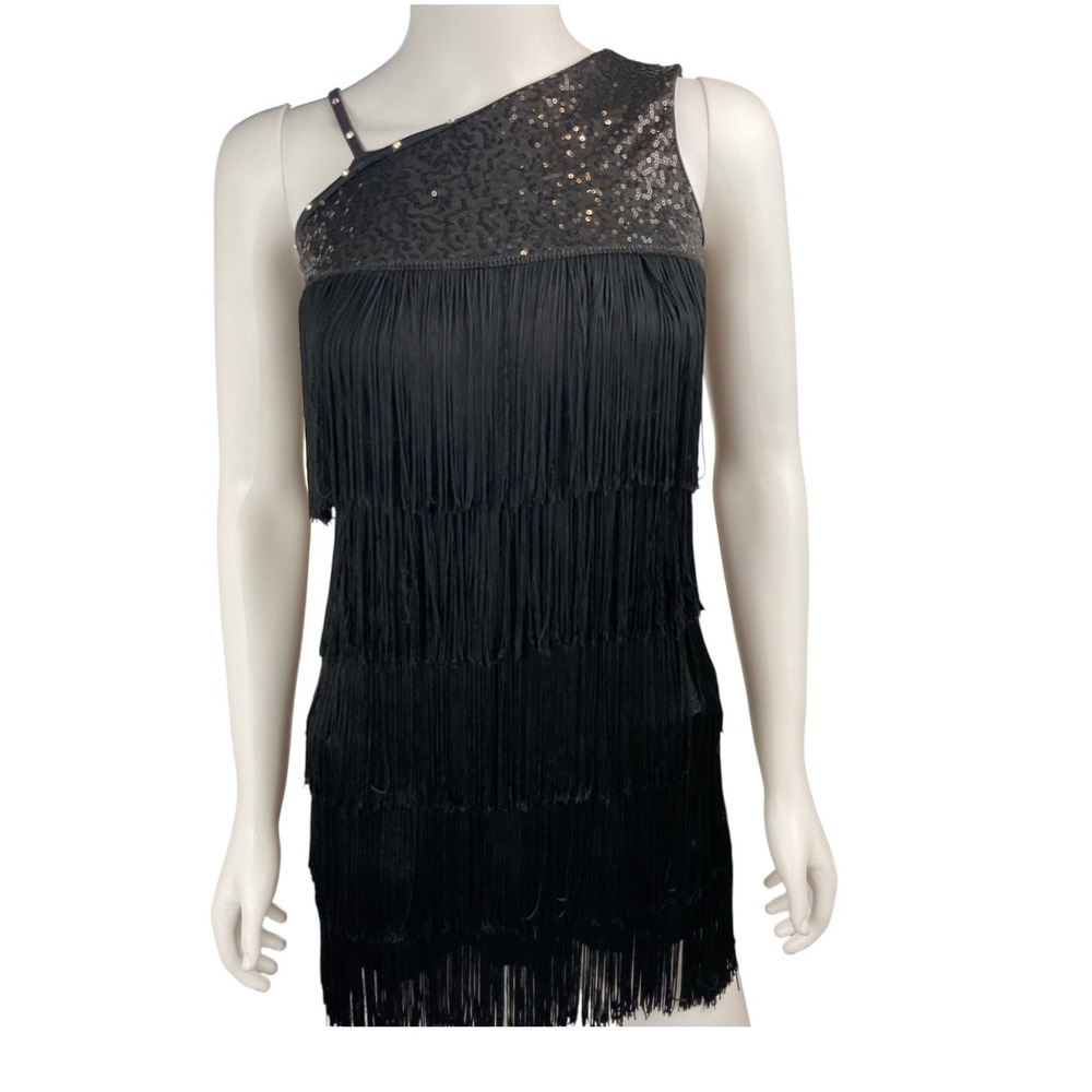 Balera Sequin Fringe One Shoulder Dress‎ Black Sleeveless Flapper Costume